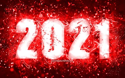 4k, Happy New Year 2021, red neon lights, 2021 red digits, 2021 concepts, 2021 on red background, 2021 year digits, creative, 2021 New Year