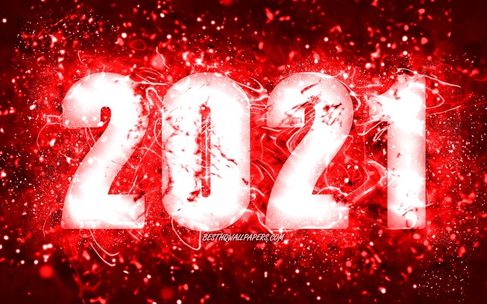 4k, Feliz Ano Novo de 2021, luzes de n&#233;on vermelhas, 2021 d&#237;gitos vermelhos, 2021 conceitos, 2021 em fundo vermelho, 2021 d&#237;gitos do ano, criativo, 2021 Ano Novo