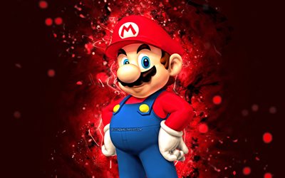 Mario, 4k, cartoon plumber, red neon lights, Super Mario, creative, Super Mario characters, Super Mario Bros, Mario Super Mario