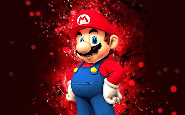 Mario, 4k, cartoon encanador, vermelho luzes de neon, Super Mario, criativo, Super Mario caracteres, Super Mario Bros, Mario Super Mario