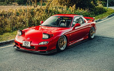4k, Mazda RX-7, low rider, supercars, tuning, tunned Mazda RX-7, japanese cars, Red Mazda RX-7, Mazda