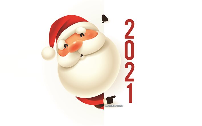 2021 Uusi Vuosi, Santa Claus, 4k, 2021 taustan kanssa Santa Claus, valkoinen tausta, 2021 k&#228;sitteit&#228;, Hyv&#228;&#228; Uutta Vuotta 2021, Joulu