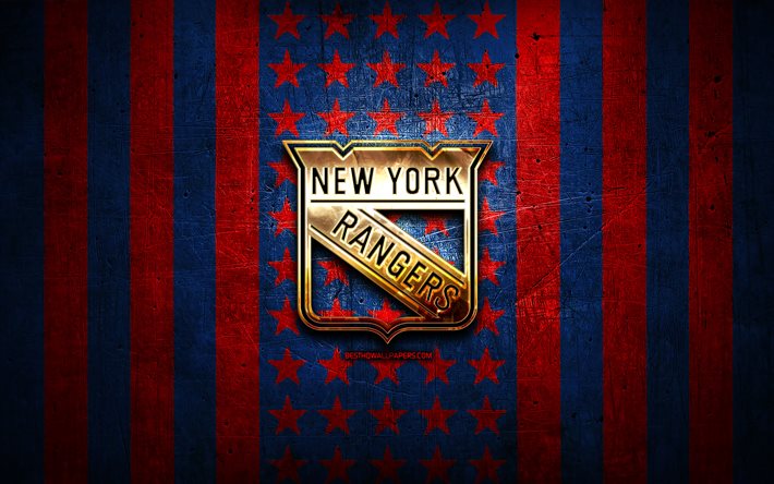 New York Rangers bayrağı, NHL, Mavi, Kırmızı metal arka plan, Amerikan hokey takımı New York Rangers Logosu, ABD, hokey, altın, logo, New York Rangers, NY Rangers