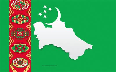 Turkmenistan map silhouette, Flag of Turkmenistan, silhouette on the flag, Turkmenistan, 3d Turkmenistan map silhouette, Turkmenistan flag, Turkmenistan 3d map