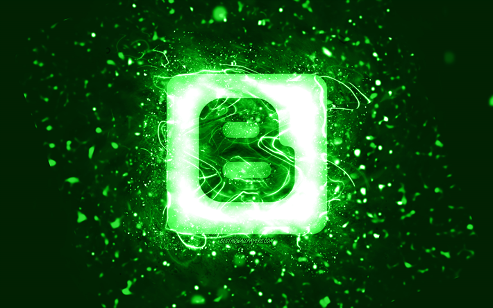 Blogger green logo, 4k, green neon lights, creative, green abstract background, Blogger logo, social network, Blogger