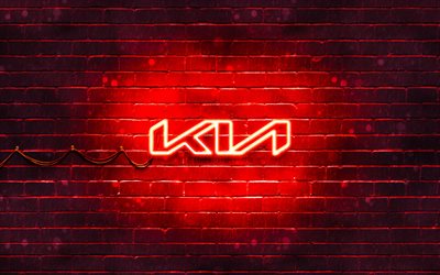 KIA red logo, red brickwall, 4k, KIA new logo, cars brands, KIA neon logo, KIA 2021 logo, KIA logo, KIA