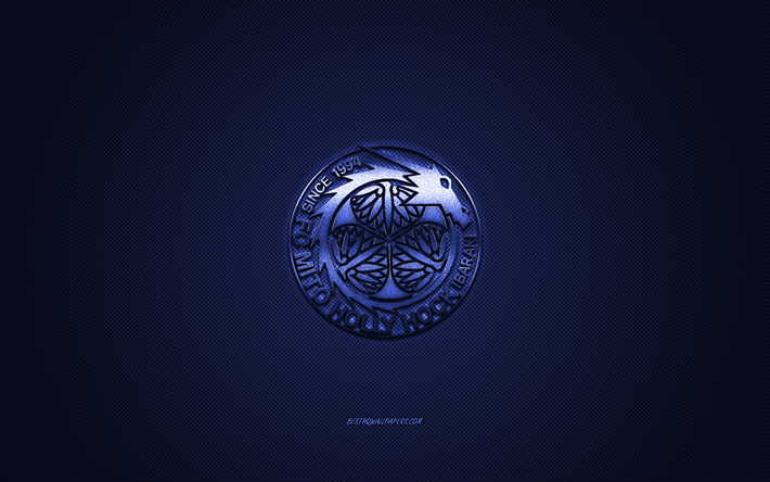 mito fc, japanischer fu&#223;ballverein, blaues logo, blauer kohlefaserhintergrund, j2 league, fu&#223;ball, mito, japan, mito fc-logo