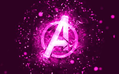 Avengers turqpurple uoise logo, 4k, mor neon ışıklar, yaratıcı, mor soyut arka plan, Avengers logosu, s&#252;per kahramanlar, Yenilmezler