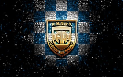 AMSyD Atletico de Rafaela, glitter logo, Primera Nacional, blue white checkered background, soccer, argentinian football club, Atletico de Rafaela logo, mosaic art, football, Atletico de Rafaela FC