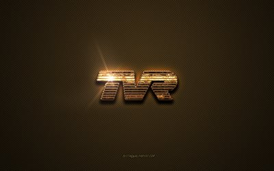Logo TVR dorato, grafica, sfondo marrone in metallo, emblema TVR, logo TVR, marchi, TVR