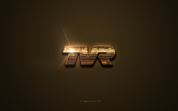 Logo dor&#233; TVR, oeuvre d&#39;art, fond en m&#233;tal marron, embl&#232;me TVR, logo TVR, marques, TVR