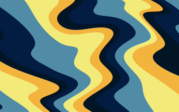 4k, material design, colorful waves, blue yellow backgrounds, geometric art, creative, artwork, abstract art