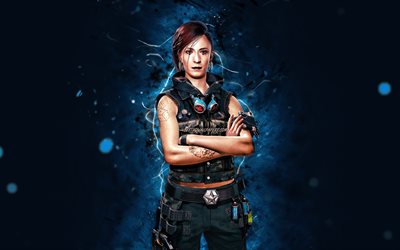 Iris Tanner, 4k, luzes de n&#233;on azuis, Cyberpunk 2077, RPG, fan art, personagens Cyberpunk 2077, Iris Tanner Cyberpunk