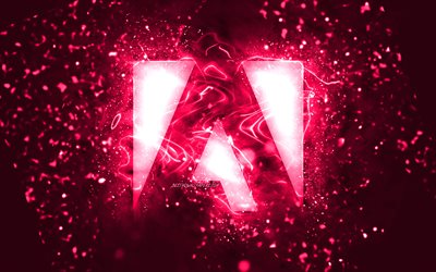 Adobe pink logo, 4k, pink neon valot, luova, vaaleanpunainen abstrakti tausta, Adobe logo, tuotemerkit, Adobe