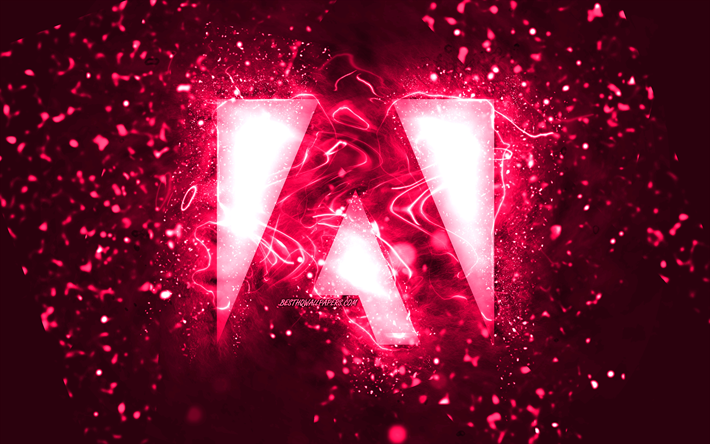 Adobe pembe logosu, 4k, pembe neon ışıkları, yaratıcı, pembe soyut arka plan, Adobe logosu, markalar, Adobe