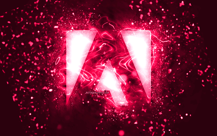 Logo Adobe rosa, 4k, luci al neon rosa, creativo, sfondo astratto rosa, logo Adobe, marchi, Adobe