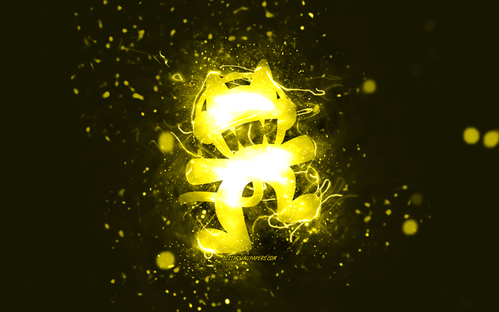 Logo jaune Monstercat, 4k, DJ canadiens, n&#233;ons jaunes, cr&#233;atif, fond abstrait jaune, logo Monstercat, stars de la musique, Monstercat