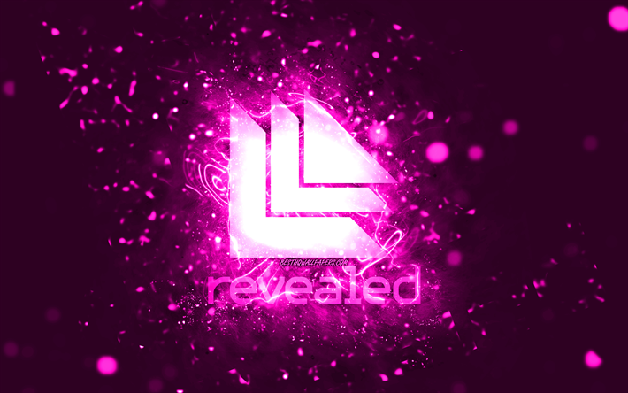 Revealed Recordings lila logotyp, 4k, lila neonljus, kreativ, lila abstrakt bakgrund, Revealed Recordings logotyp, musiketiketter, Revealed Recordings