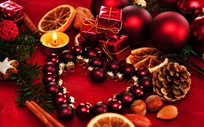 4k, 赤いクリスマスボール, 赤いギフトボックス, クリスマスの装飾, 新年の飾り, 新年あけましておめでとうございます, メリークリスマス, クリスマスの飾り, クリスマスツリー, 新年のコンセプト