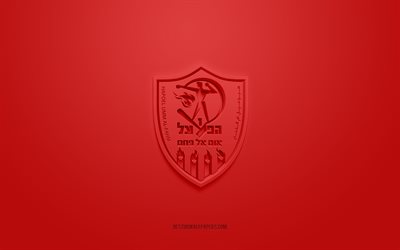 Hapoel Umm al-Fahm FC, yaratıcı 3D logo, kırmızı arka plan, Liga Leumit, 3d amblem, İsrail Futbol Kul&#252;b&#252;, Umm al-Fahm, İsrail, 3d sanat, futbol, Hapoel Umm al-Fahm FC 3d logo