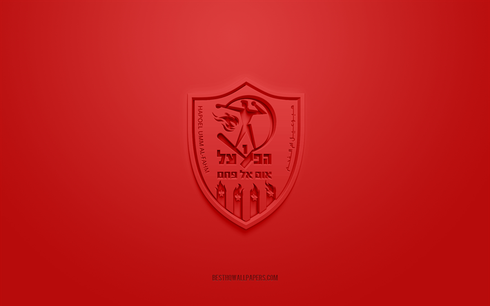 Hapoel Umm al-Fahm FC, luova 3D-logo, punainen tausta, Liga Leumit, 3d-tunnus, Israel Football Club, Umm al-Fahm, Israel, 3d-taide, jalkapallo, Hapoel Umm al-Fahm FC 3d-logo