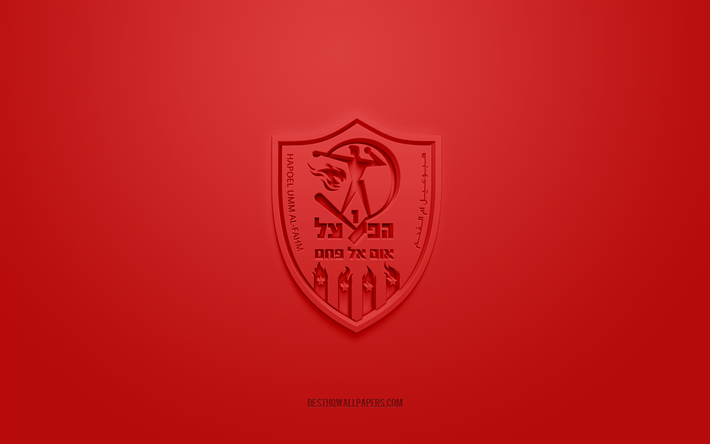 hapoel umm al-fahm fc, kreatives 3d-logo, roter hintergrund, liga leumit, 3d-emblem, israel football club, umm al-fahm, israel, 3d-kunst, fu&#223;ball, hapoel umm al-fahm fc 3d-logo