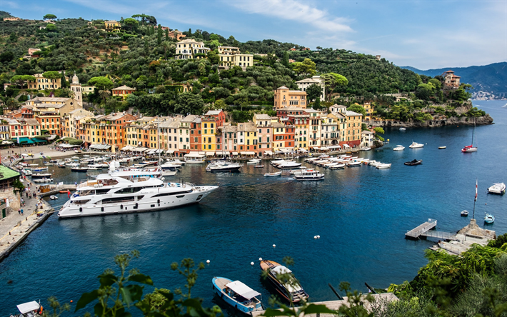 Portofino, baia, costa ligure, yacht di lusso, mar Ligure, panorama di Portofino, paesaggio urbano di Portofino, Genova, Italia