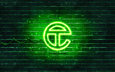 Telfar logo verde, 4k, muro di mattoni verde, logo Telfar, marchi, logo al neon Telfar, Telfar