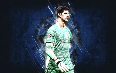 Thibaut Courtois, Belgian footballer, goalkeeper, Real Madrid, La Liga, blue stone background, Courtois Real Madrid, football