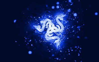 Razer dark blue logo, 4k, dark blue neon lights, creative, dark blue abstract background, Razer logo, brands, Razer