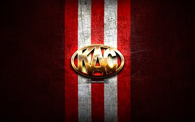 EC KAC, golden logo, ICE Hockey League, red metal background, austrian hockey team, EC KAC logo, hockey, Klagenfurt Eishockey