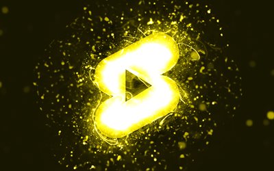 Youtube shortsit keltainen logo, 4k, keltaiset neon valot, luova, keltainen abstrakti tausta, Youtube shortsit logo, sosiaalinen verkosto, Youtube shortsit