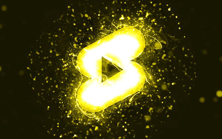 youtube shorts gelbes logo, 4k, gelbe neonlichter, kreativ, gelber abstrakter hintergrund, youtube shorts logo, soziales netzwerk, youtube shorts