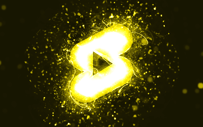 Youtube shorts yellow logo, 4k, yellow neon lights, creative, yellow abstract background, Youtube shorts logo, social network, Youtube shorts