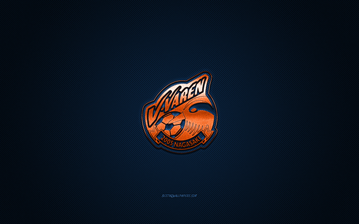v-varen nagasaki, japanischer fu&#223;ballverein, orangefarbenes logo, blauer kohlefaserhintergrund, j2 league, fu&#223;ball, nagasaki, japan, v-varen nagasaki-logo