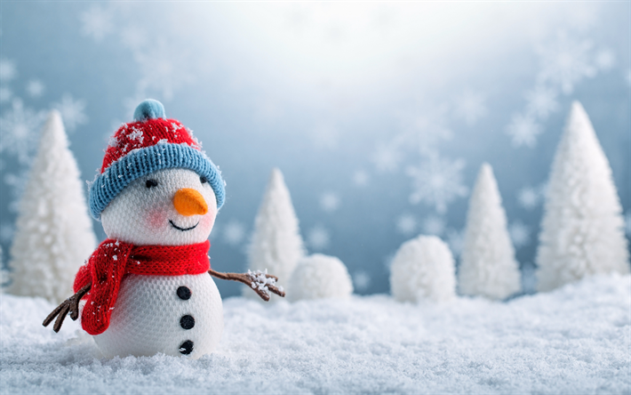 かわいい雪だるま, 4k, 冬。, スノー, おもちゃの雪だるま, ニット玩具, 新年あけましておめでとうございます, 雪だるま