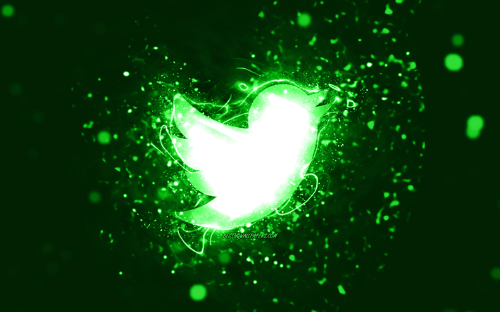 Twitter green logo, 4k, green neon lights, creative, green abstract background, Twitter logo, social network, Twitter