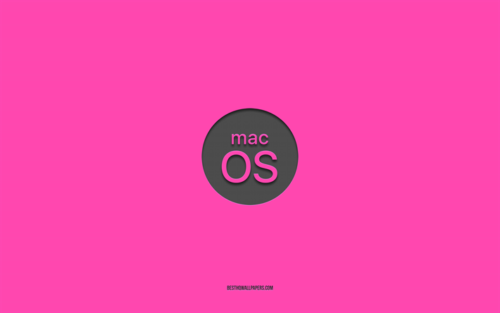 MacOSピンクのロゴ, 4k, ミニマリスト, ピンクの背景, Battey菌, OS, macOSロゴ, macOSエンブレム