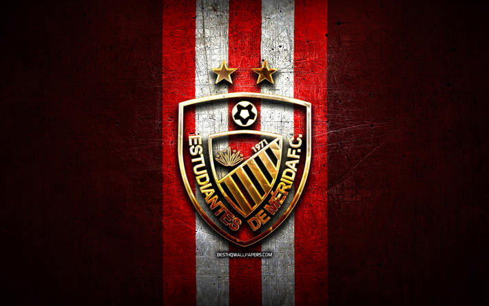 エストゥディアンテスメリダFC, 金色のロゴ, リーガFutVe, 赤い金属の背景, サッカー, ベネズエラのサッカークラブ, EstudiantesMeridaのロゴ, ベネズエラプリメーラ部門, エストゥディアンテスFC