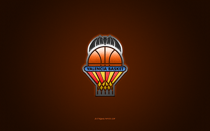 Valencia Basket, İspanyol basketbol kul&#252;b&#252;, beyaz logo, turuncu karbon fiber arka plan, Liga ACB, basketbol, Valencia, İspanya, Valencia Basket logosu