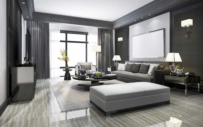 soggiorno grigio, interni eleganti, design d&#39;interni grigio e bianco, mobili grigi, soggiorno