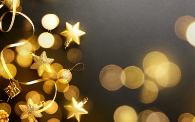 Gold Christmas background, Merry Christmas, gold Christmas decorations, gold glitter stars, black background, Christmas