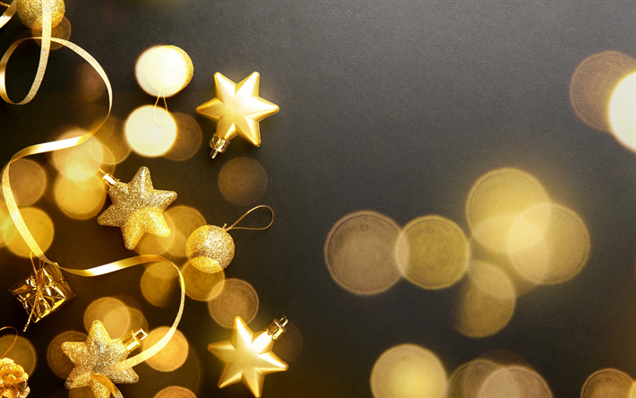 Download imagens Fundo dourado de Natal, Feliz Natal, decorações de Natal  douradas, estrelas de glitter douradas, fundo preto, Natal grátis. Imagens  livre papel de parede