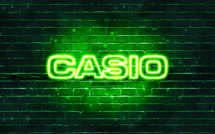 Casio green logo, 4k, green brickwall, Casio logo, brands, Casio neon logo, Casio