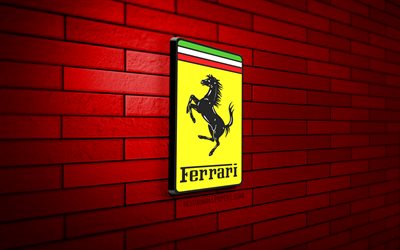 Ferrari 3D logosu, 4K, kırmızı brickwall, yaratıcı, araba markaları, Ferrari logosu, 3D sanat, Ferrari