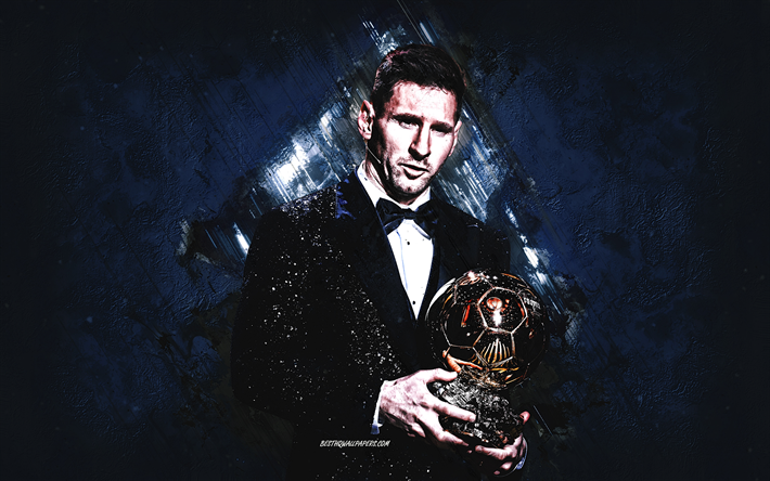 Lionel Messi, footballeur argentin, Ballon dOr 2021, Lionel Messi avec le ballon d&#39;or, Leo Messi, football, fond bleu grunge