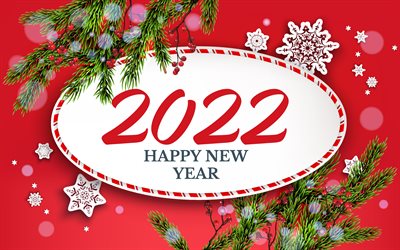 Happy New Year 2022, 4k, Red Christmas background, 2022 New Year, 2022 concepts, Christmas frame, New Year 2022, Christmas tree