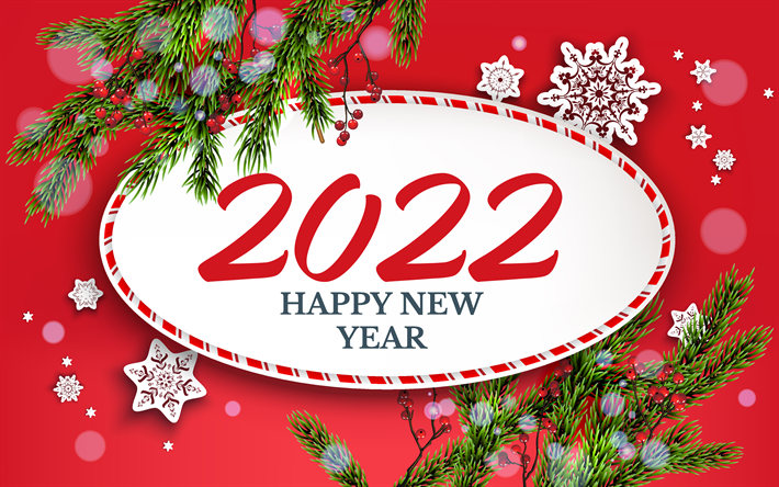 Happy New Year 2022, 4k, Red Christmas background, 2022 New Year, 2022 concepts, Christmas frame, New Year 2022, Christmas tree