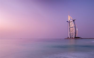 Il Burj Al Arab, hotel di lusso, tramonto, Dubai, Golfo Persico