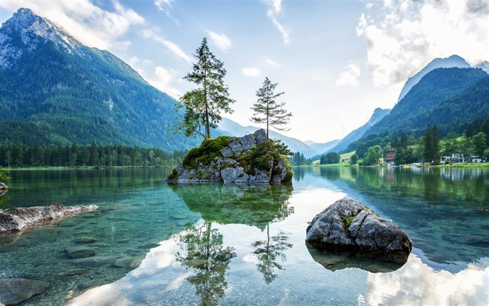 Download wallpapers Alps, mountains, Ramsauer Ache, Lake Hintersee ...